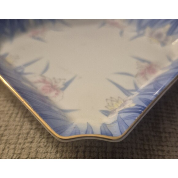 Vtg OMC Otagiri Orchid Tray Trinket Blue Pink Square Gold Trim - Picture 6 of 6